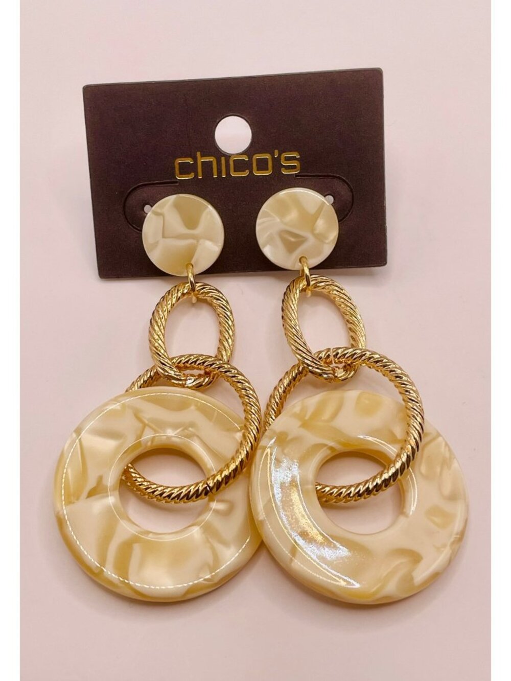 New Chico's Chunky Gold & Cream Marbled Drop Earrings -23B